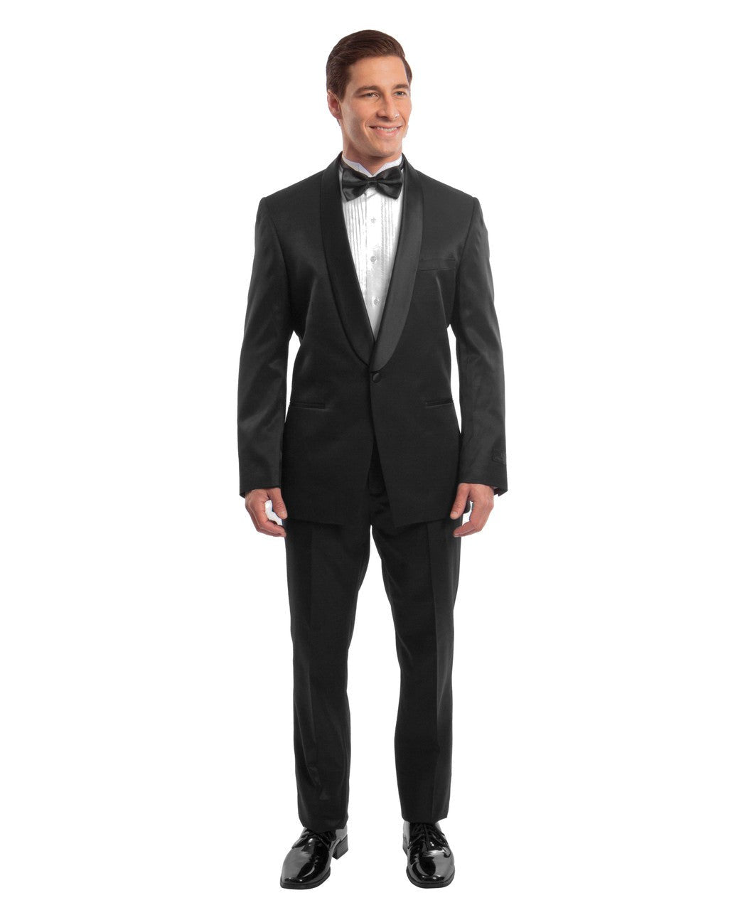 Black shawl collar tuxedo for prom with a black bow tie