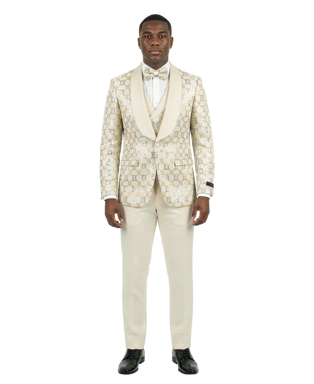 Ivory and gold sequin shawl collar three-piece prom tuxedo