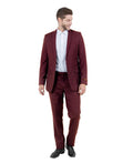 three-piece vested suit in burgundy