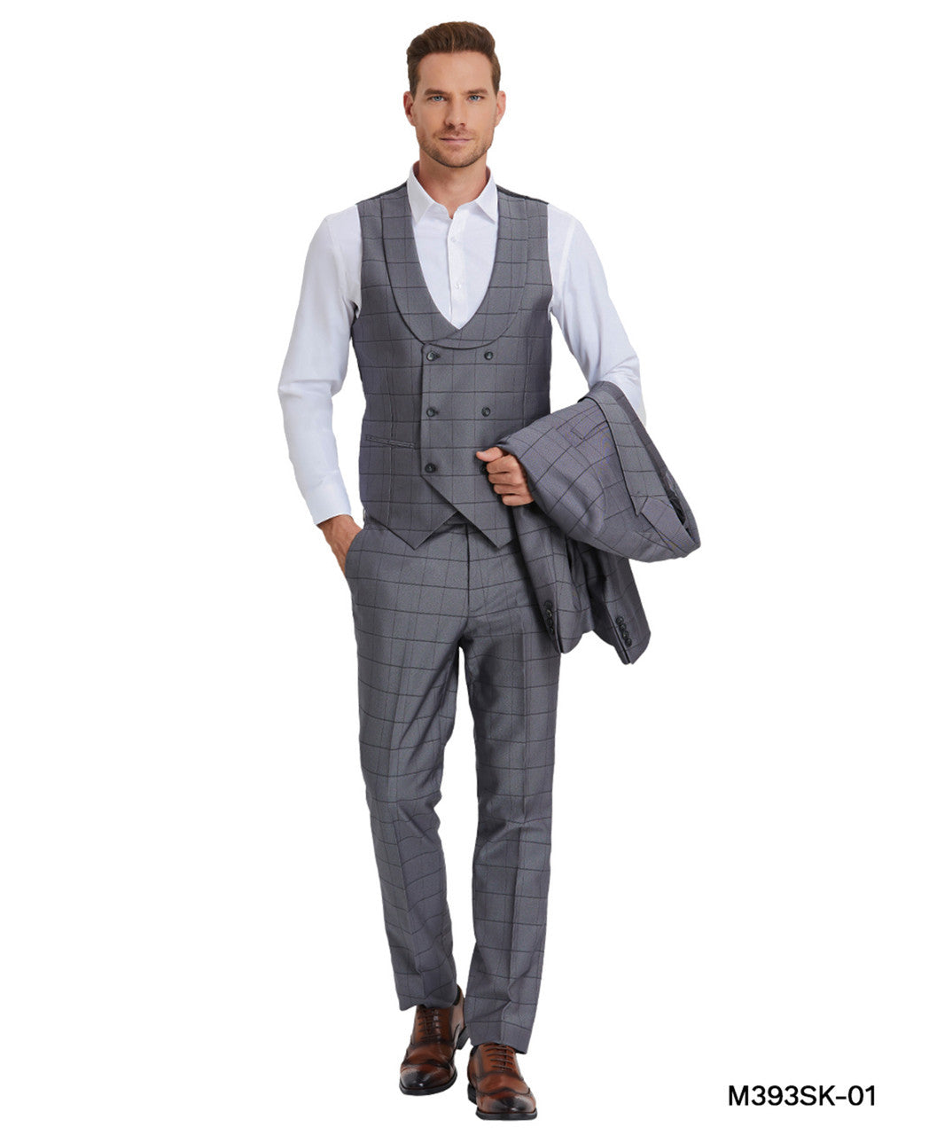 Windowpane Suit with Collared Vest