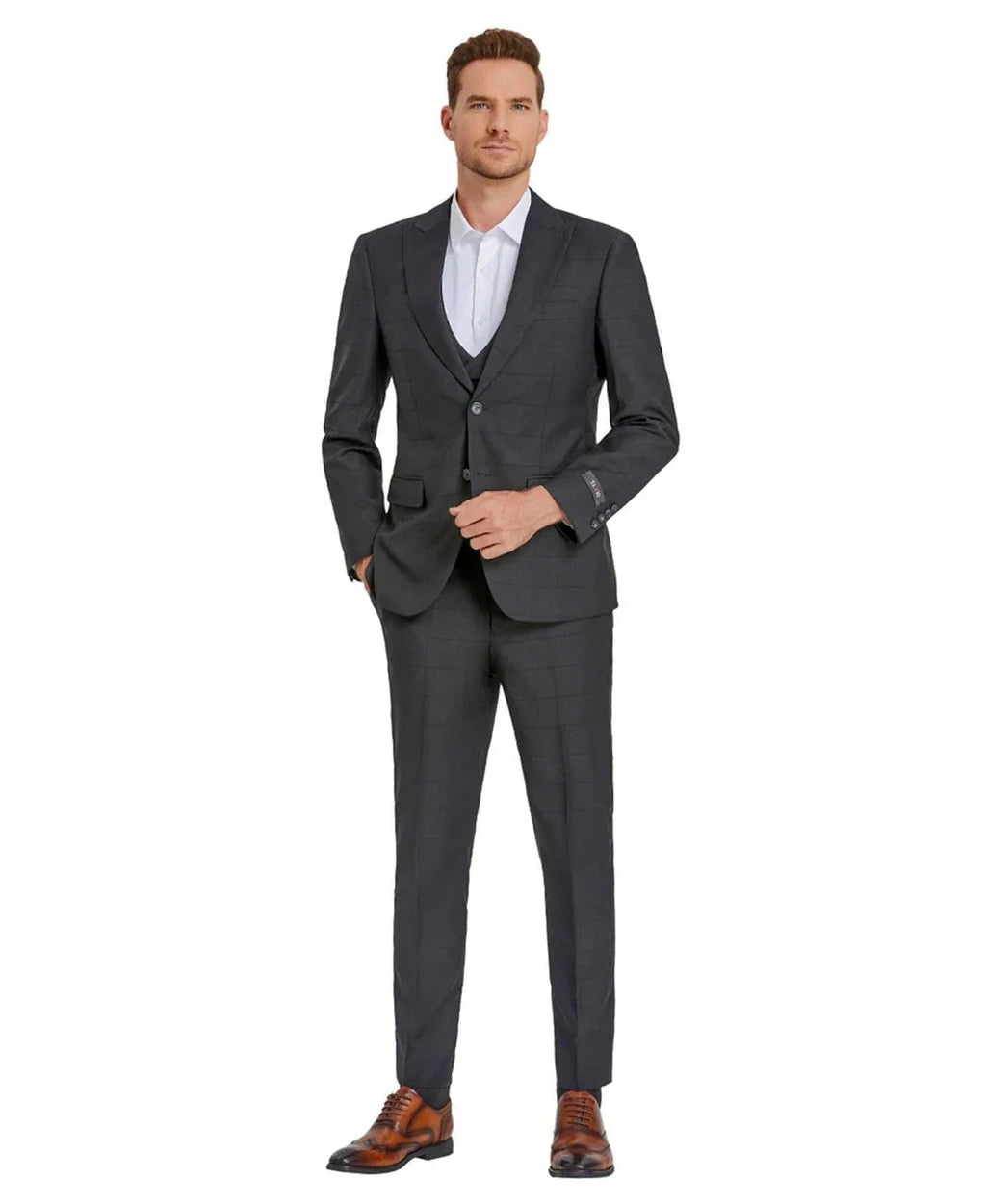 windowpane suit with collared vest in black