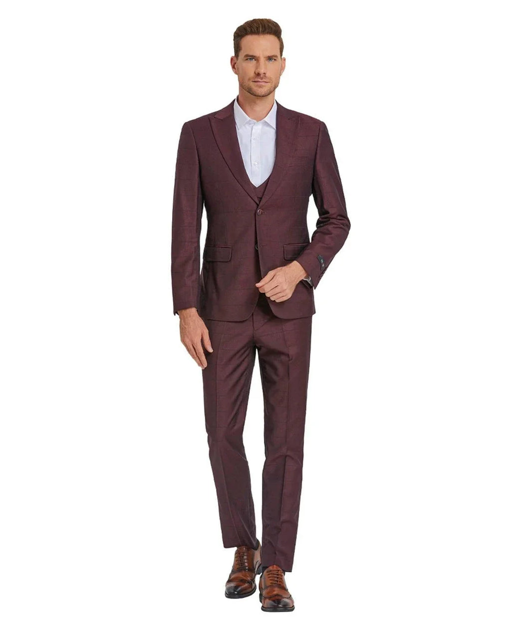 windowpane suit with collared vest in wine