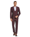windowpane suit with collared vest in wine