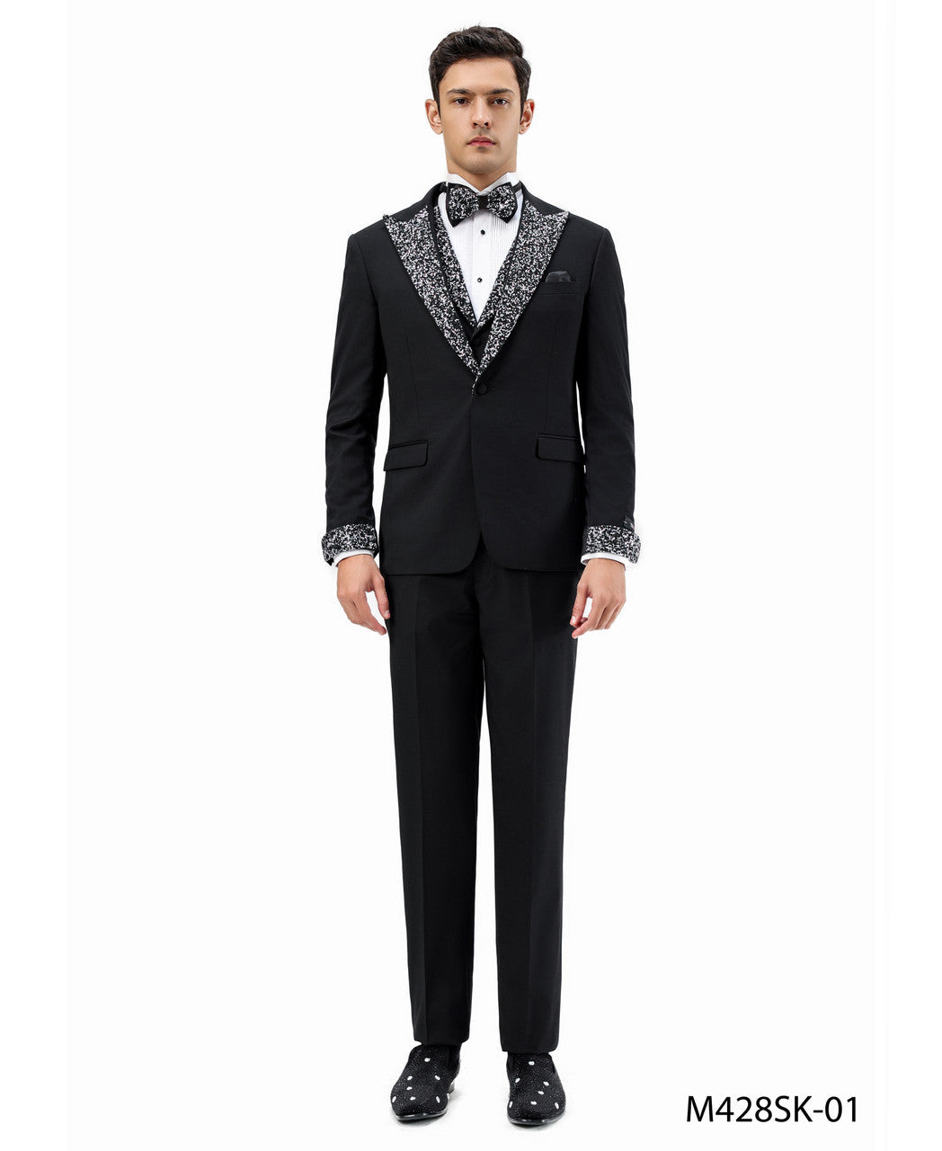 Stone-Studded Peak Lapel Three-Piece Suit