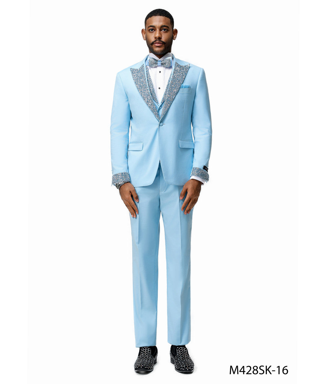 Stone-Studded Peak Lapel Three-Piece Suit