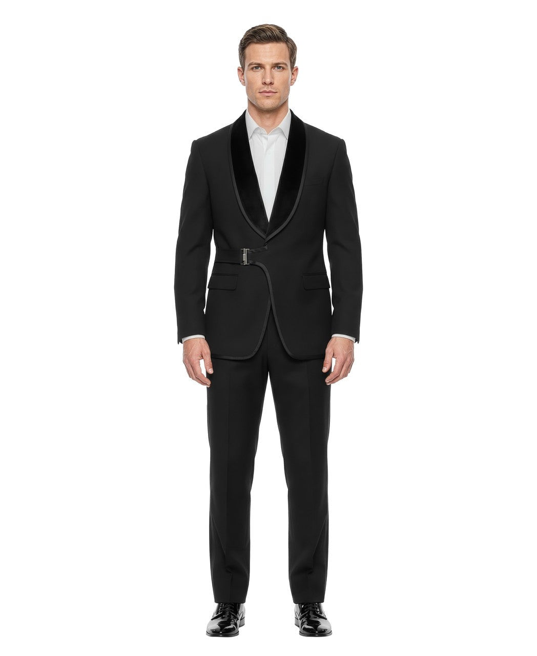 belted velvet shawl tuxedo in black