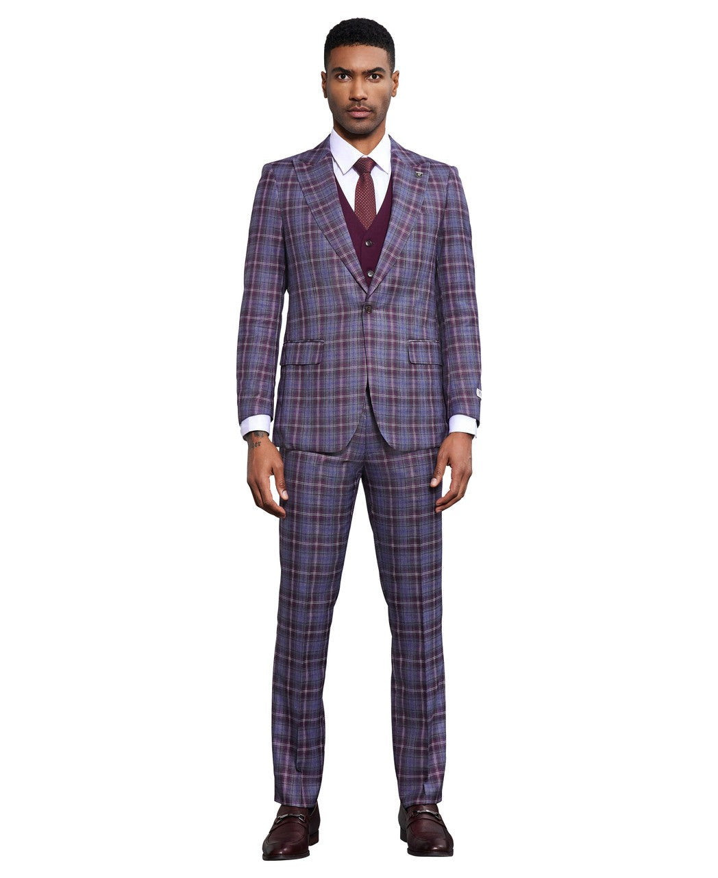 Bold plaid three-piece suit in wine and grey