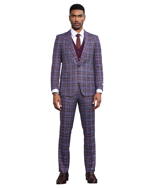 Bold plaid three-piece suit in wine and grey