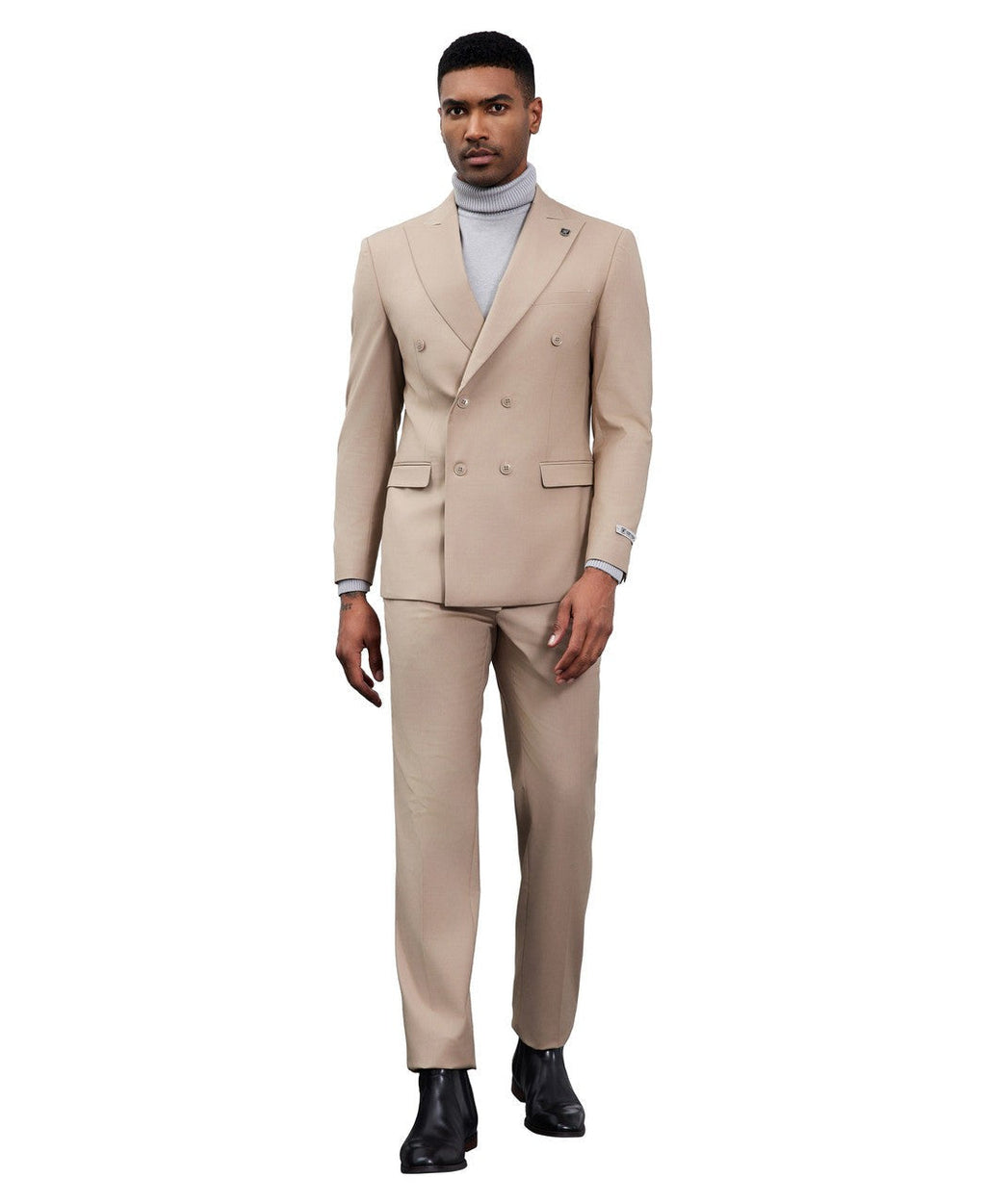 Double-breasted peak lapel suit in tan