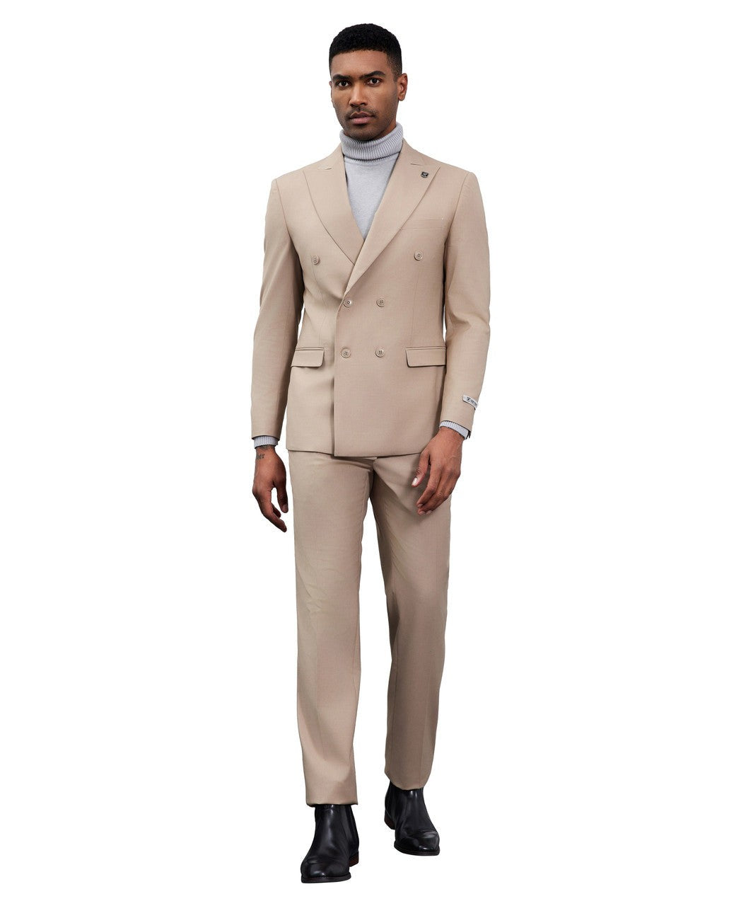 Double-breasted peak lapel suit in tan