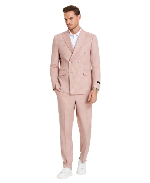 double-breasted pinstripe three-piece suit in blue