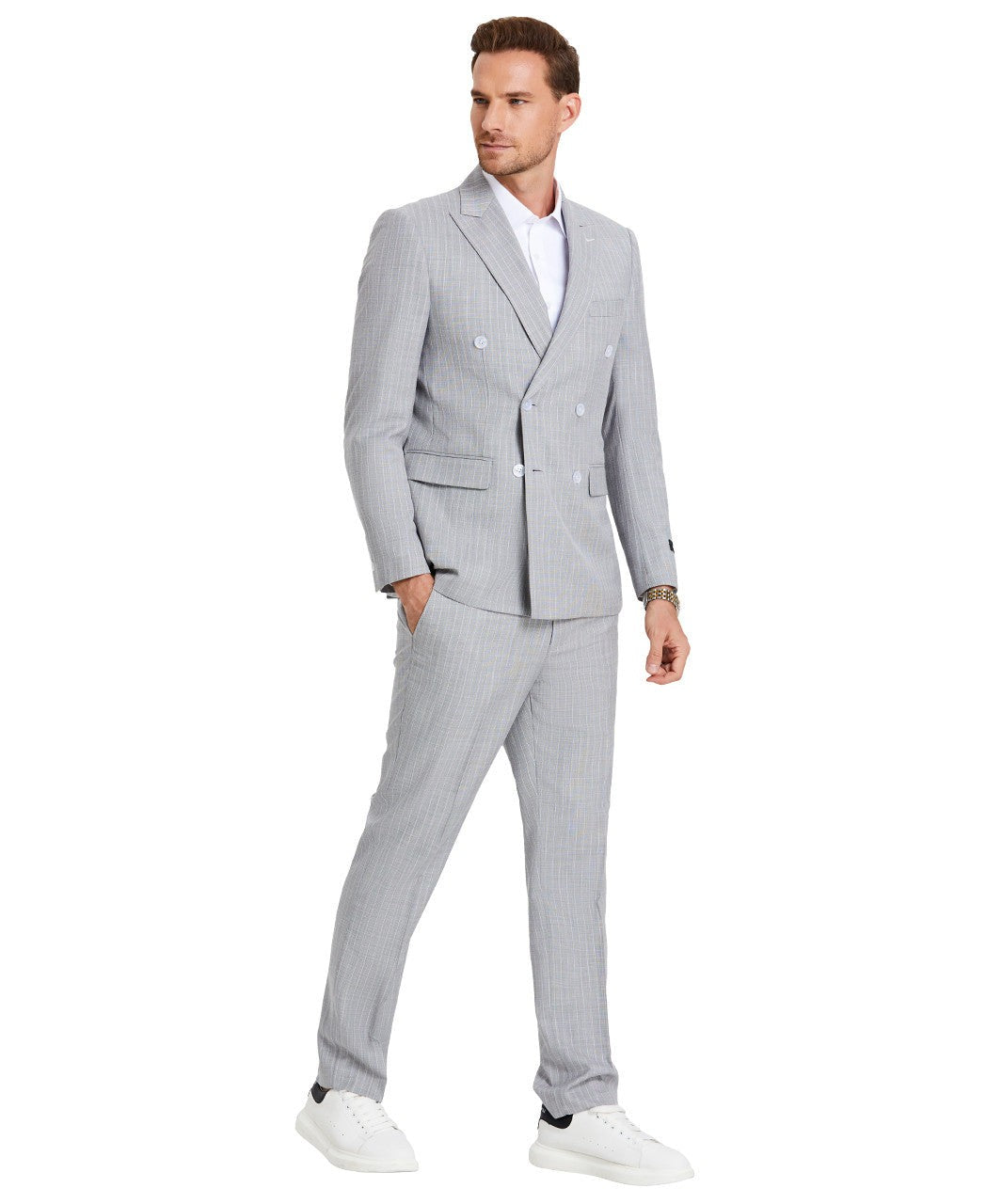double-breasted pinstripe three-piece suit in light gray