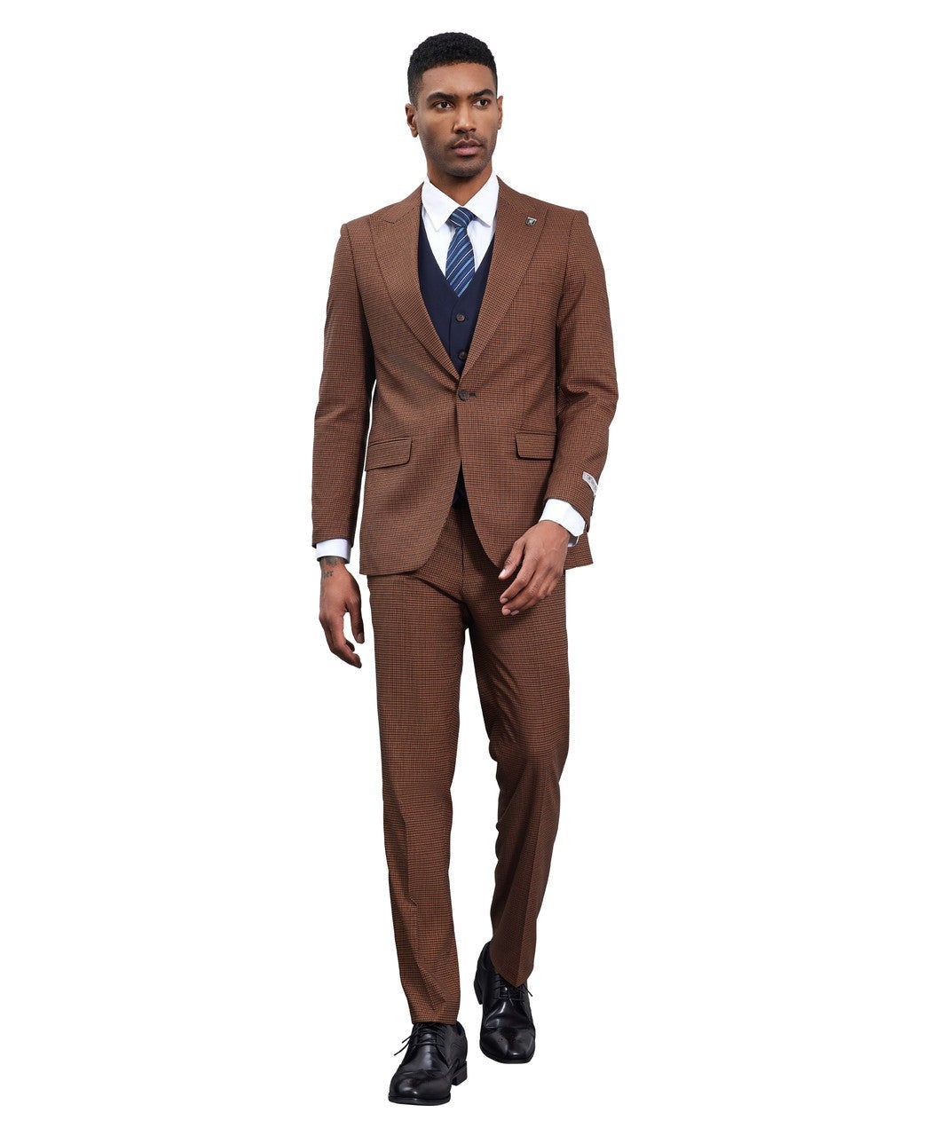 Glen plaid three-piece suit in brown and navy
