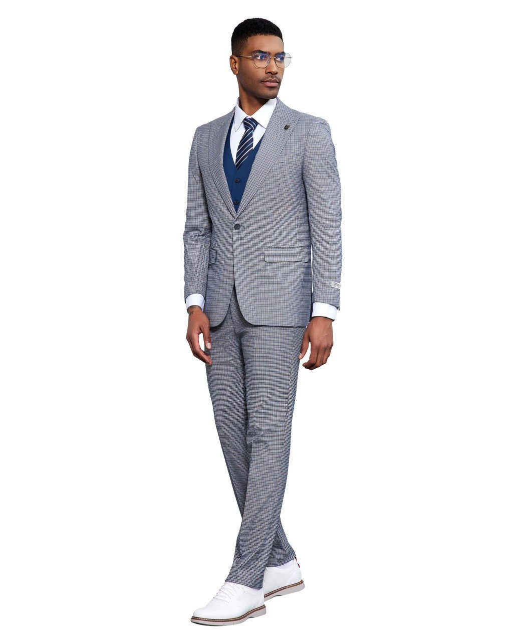 Glen plaid three-piece suit in grey and blue