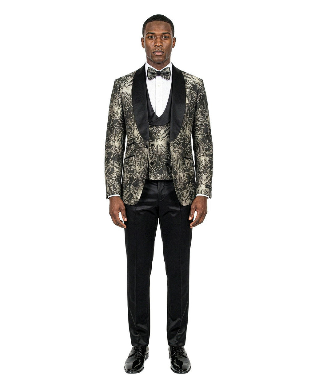 jacquard three-piece tuxedo in black/gold