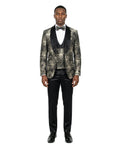 jacquard three-piece tuxedo in black/gold