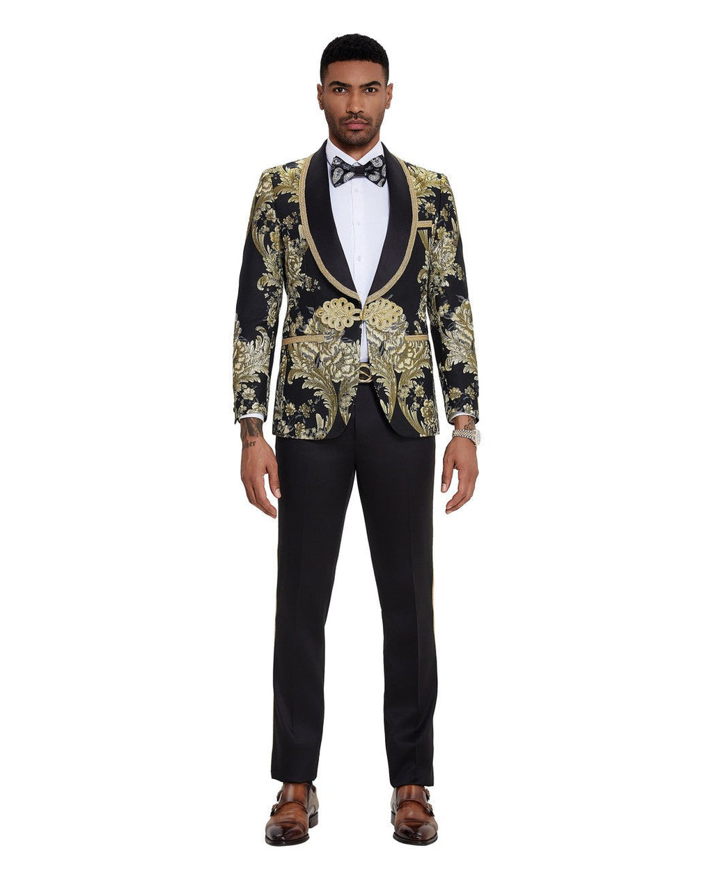 paisley shawl collar tuxedo in black/gold