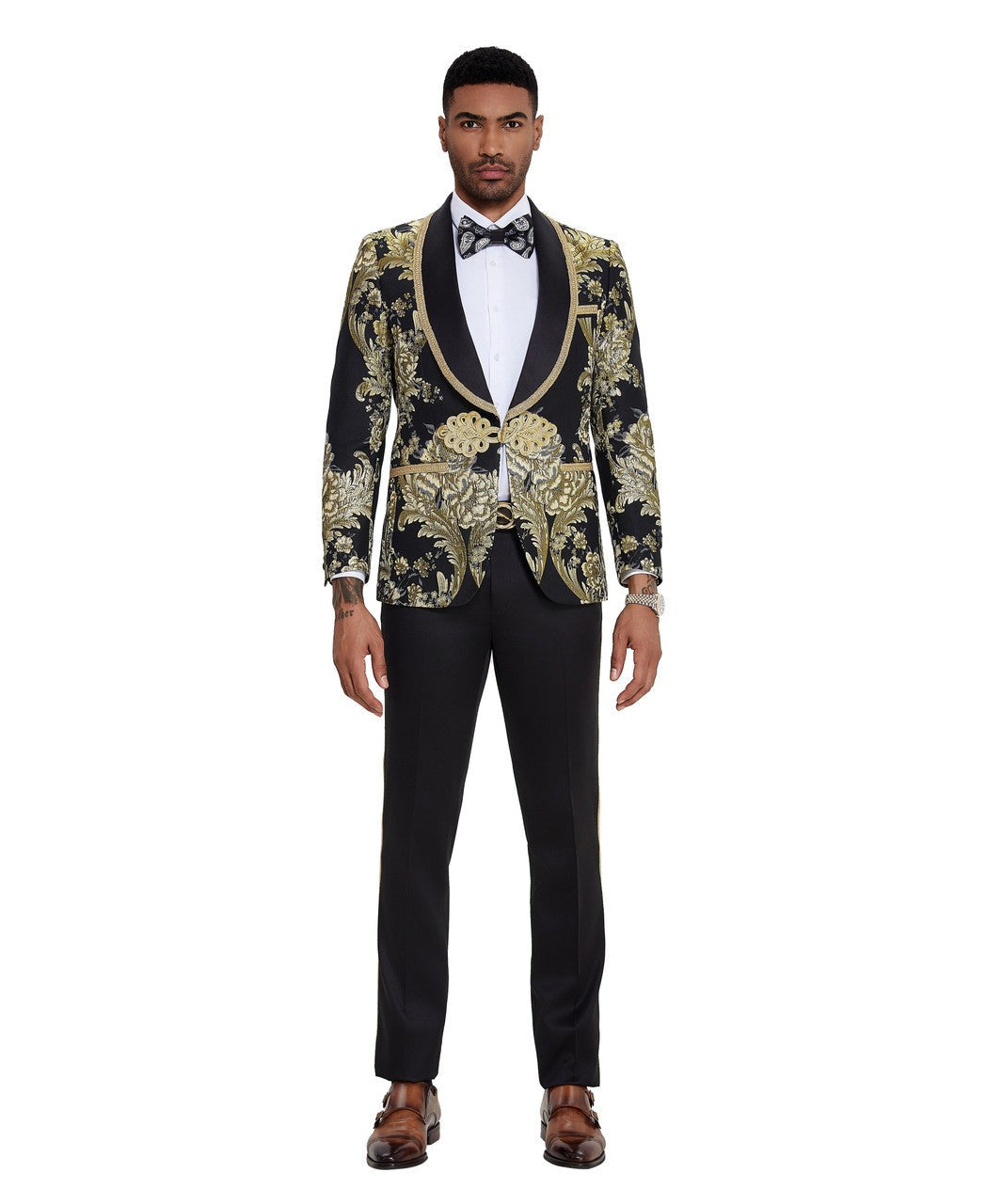 paisley shawl collar tuxedo in black/gold