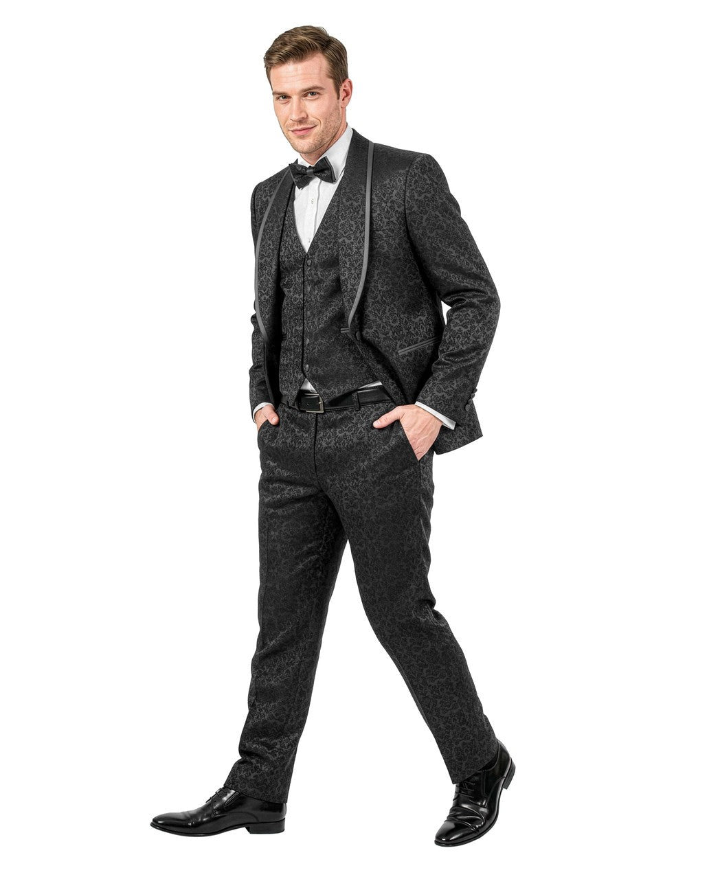 paisley three-piece suit with bow tie in black