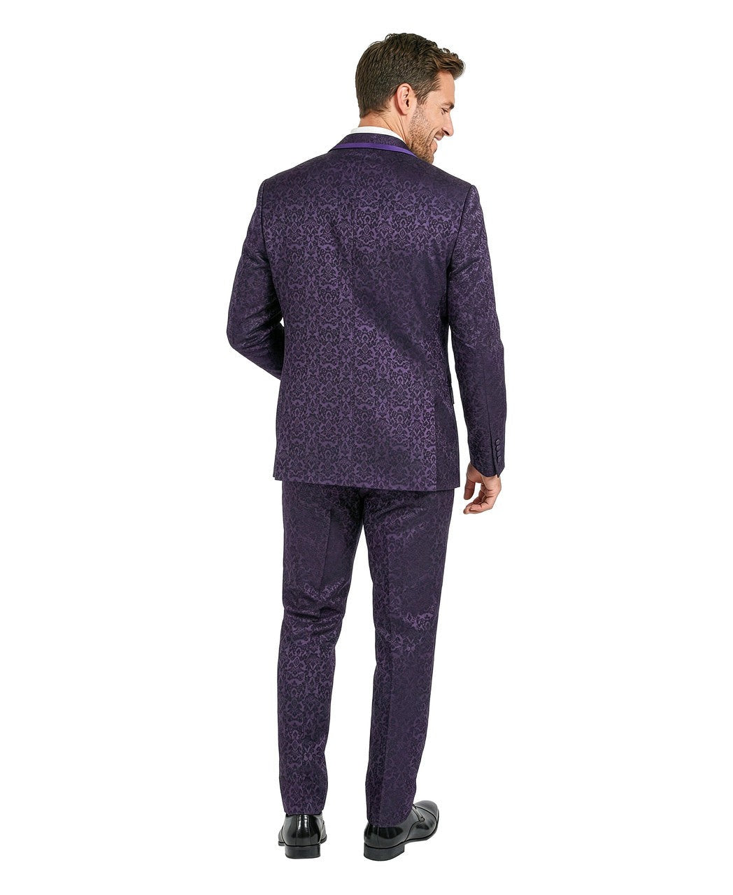 paisley three-piece suit with bow tie in purple, detail