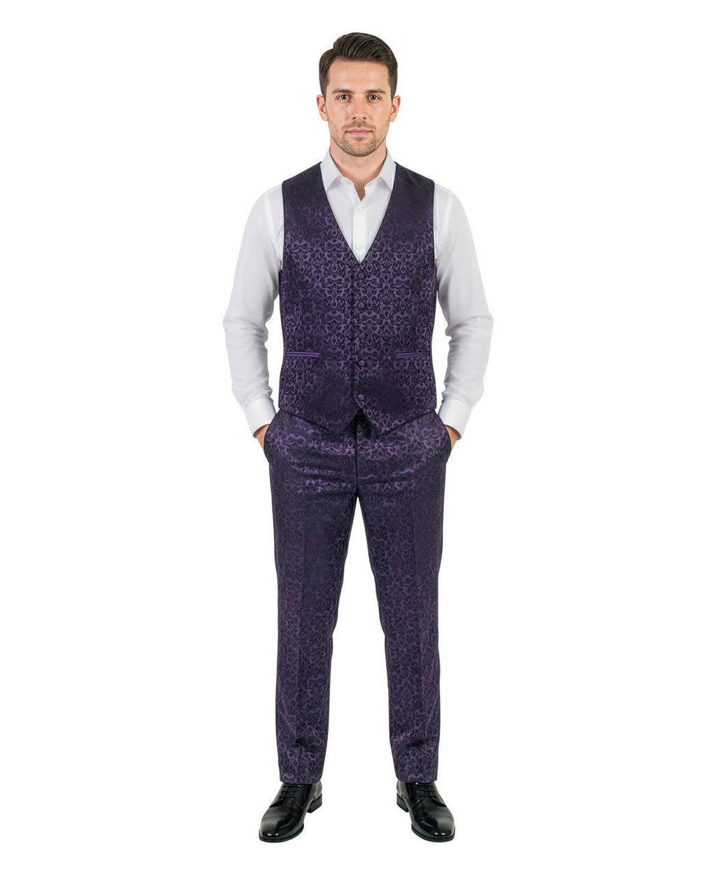 paisley three-piece suit with bow tie in purple, detail