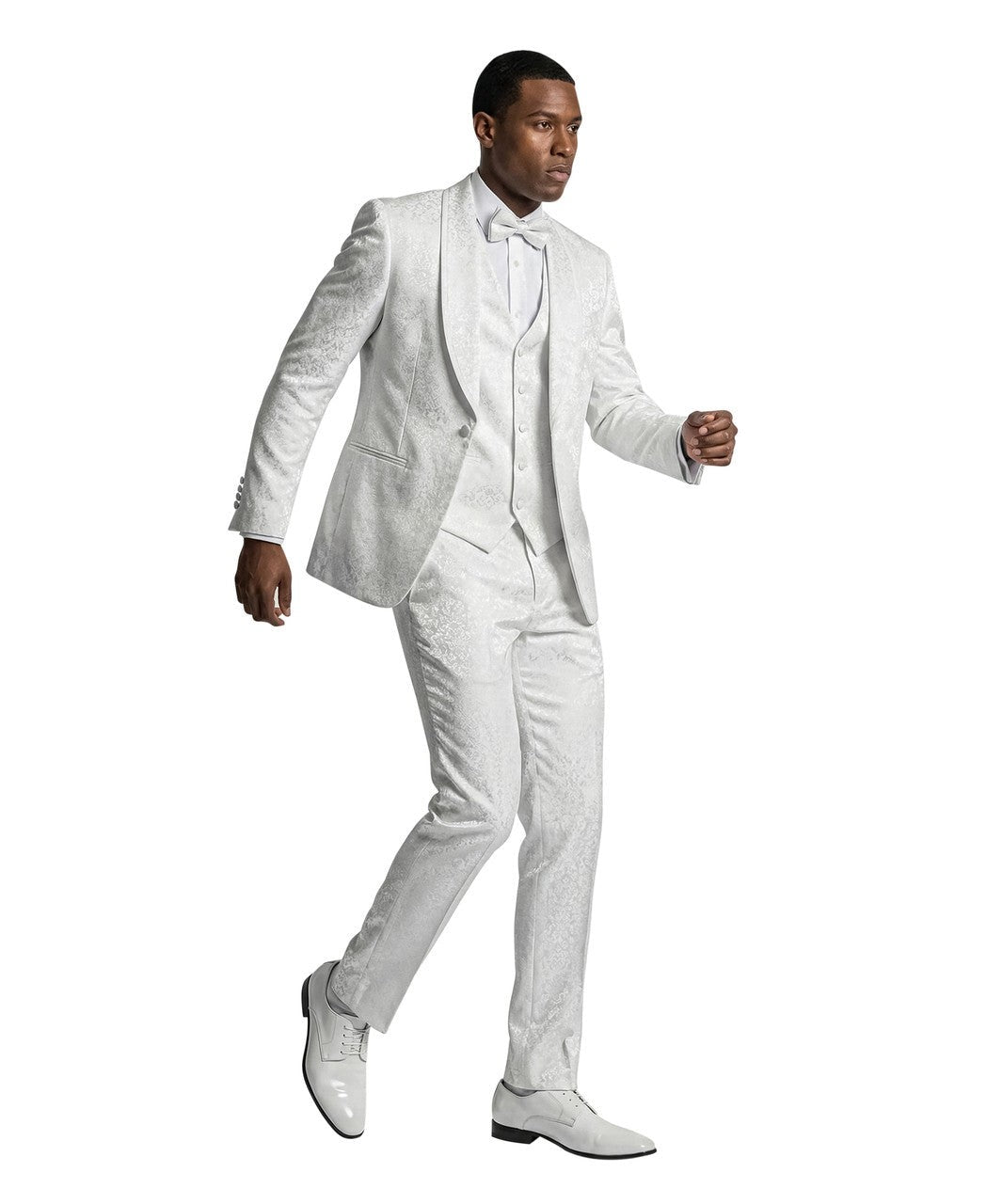 paisley three-piece suit with bow tie in white