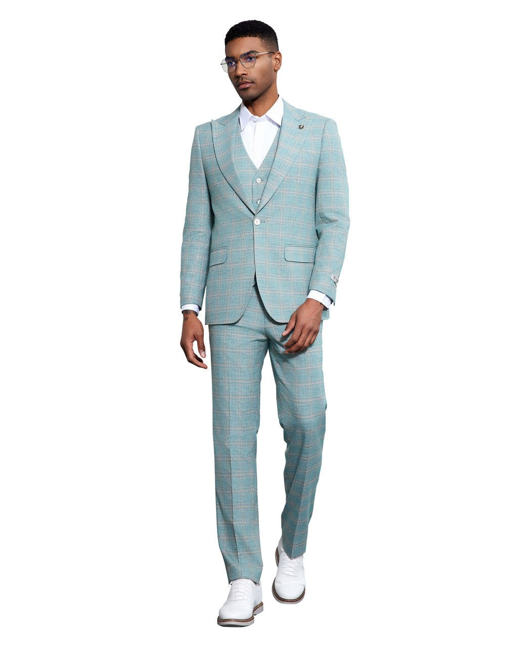 pastel windowpane three-piece suit in turquoise