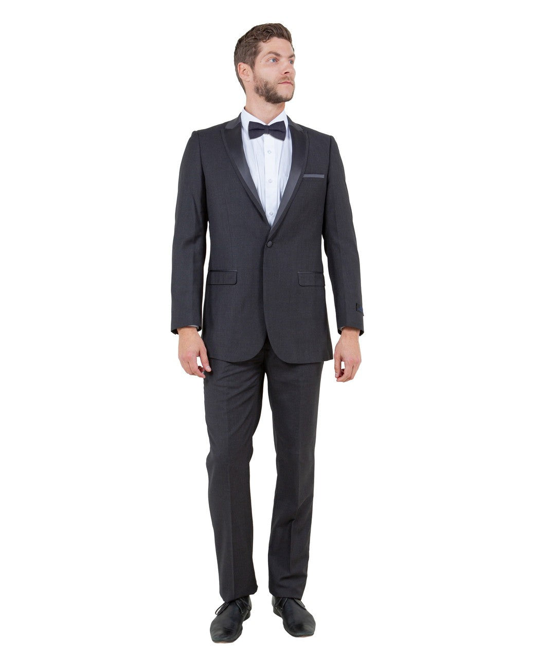 peak lapel tuxedo in dark grey