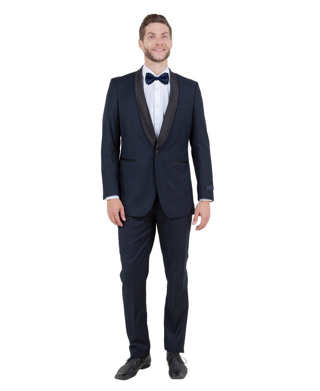 satin shawl collar tuxedo in navy with black satin
