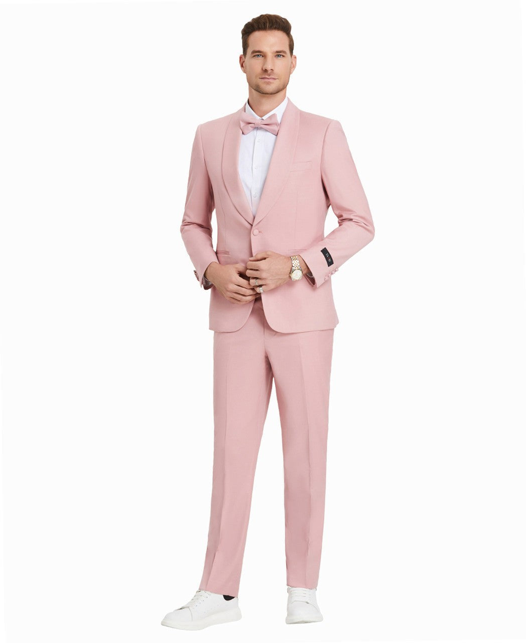 shawl collar color suit in dusty rose