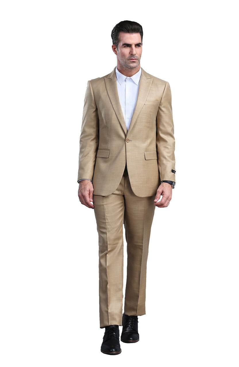 slim fit sharkskin suit in khaki