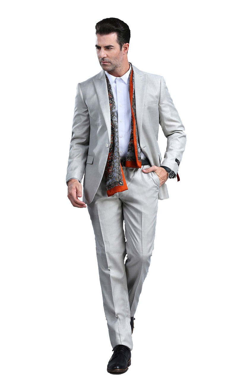 slim fit sharkskin suit in tan