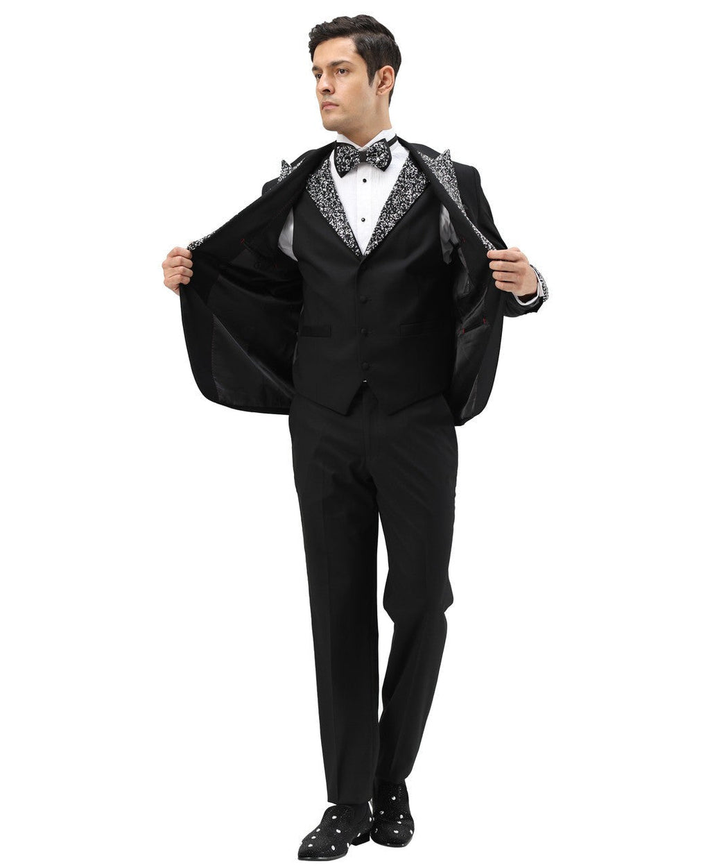 stone-studded peak lapel three-piece suit in black, detail