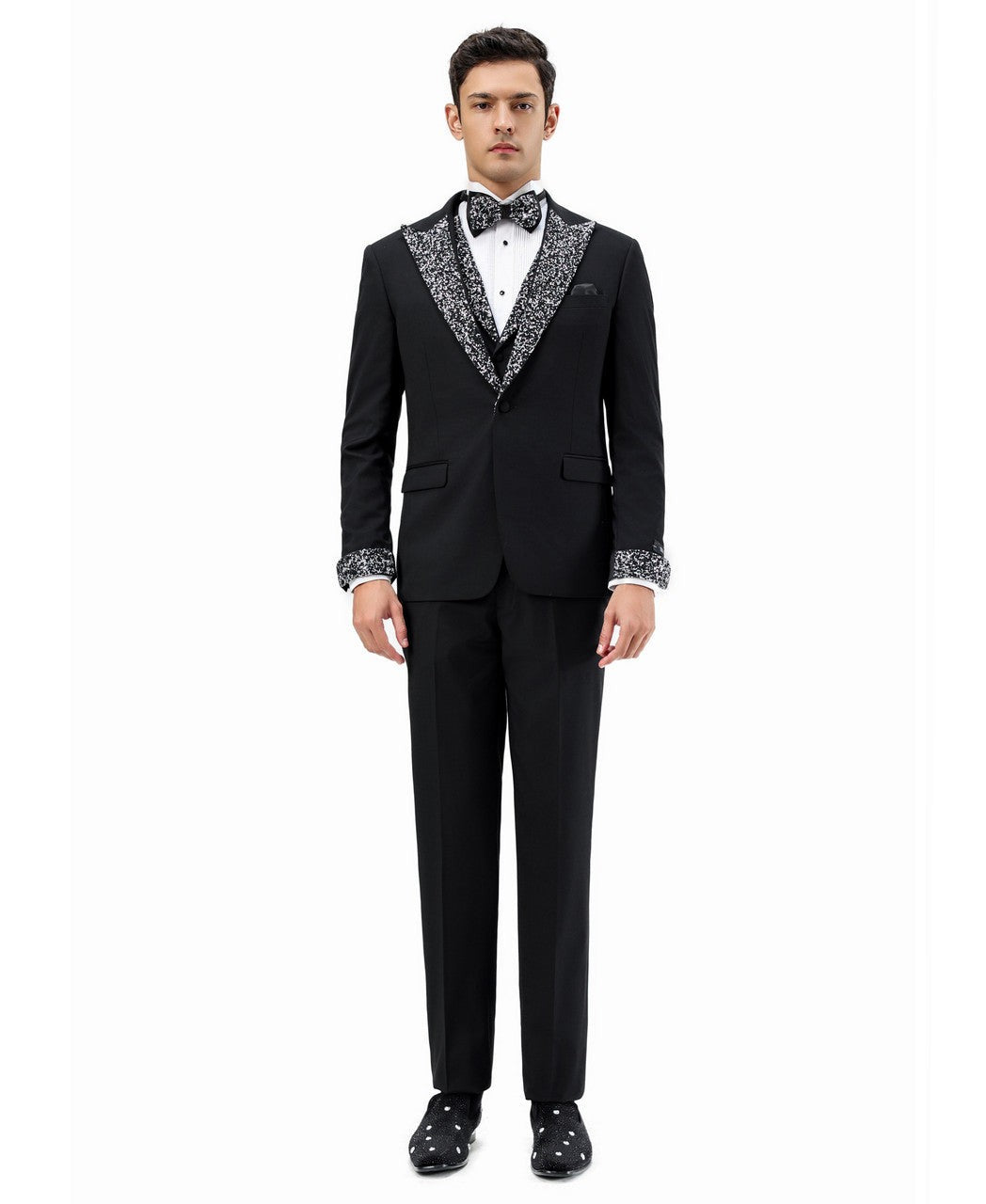 stone-studded peak lapel three-piece suit in black