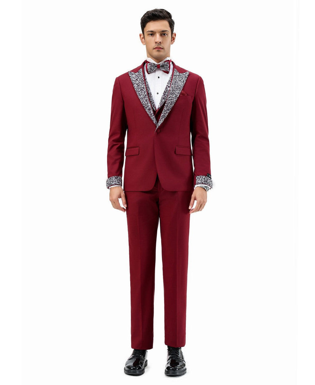 stone-studded peak lapel three-piece suit in burgundy