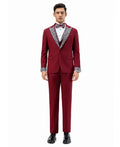 stone-studded peak lapel three-piece suit in burgundy