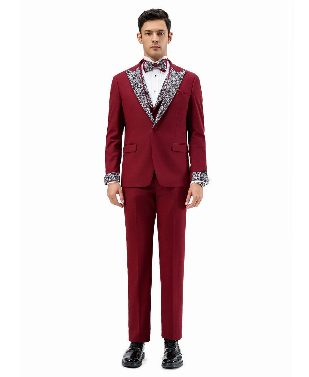 stone-studded peak lapel three-piece suit in burgundy