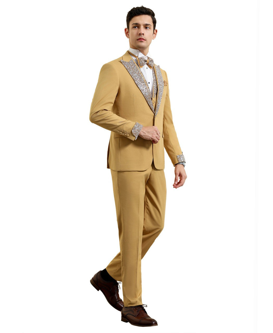 stone-studded peak lapel three-piece suit in gold
