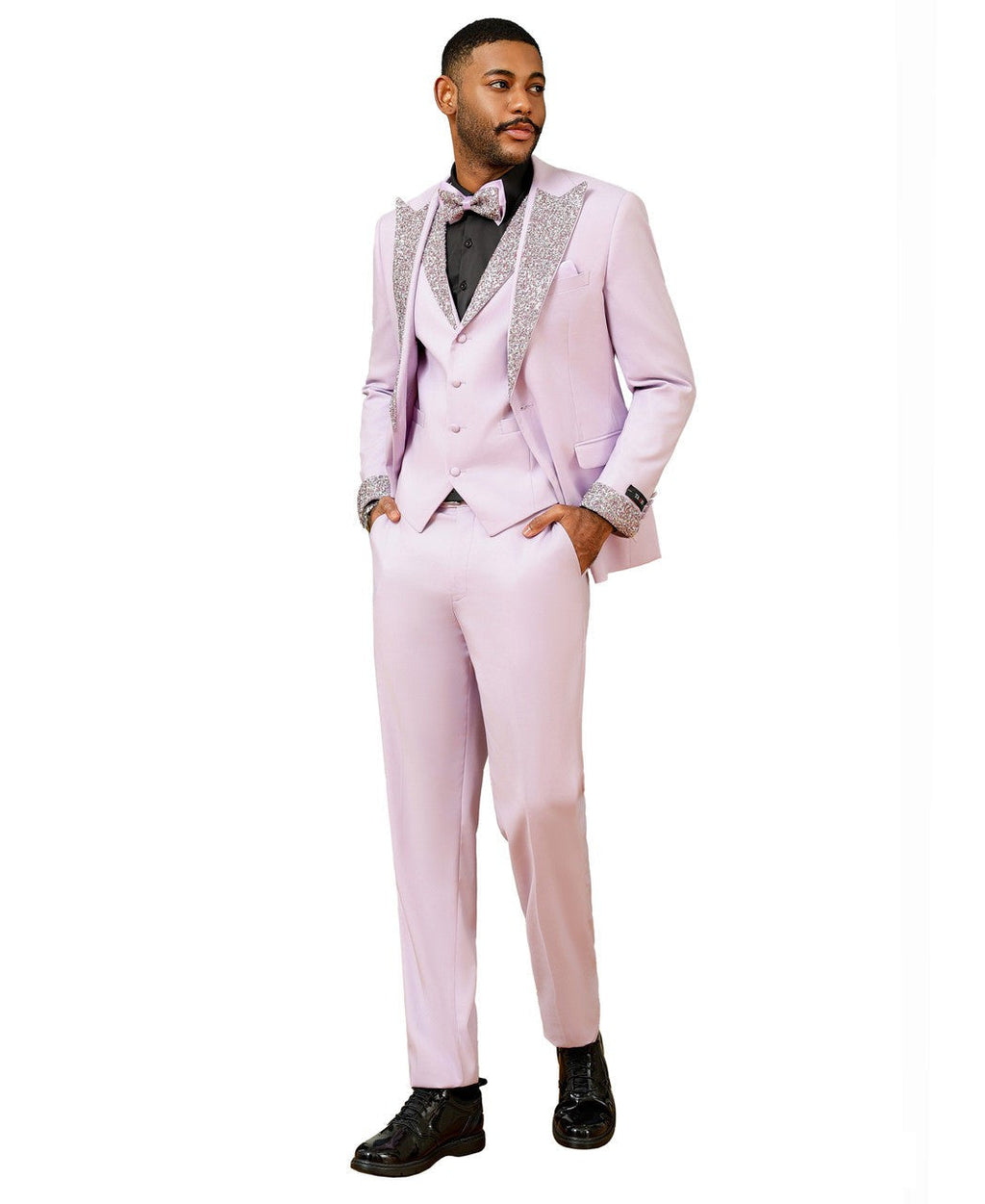 stone-studded peak lapel three-piece suit in pink