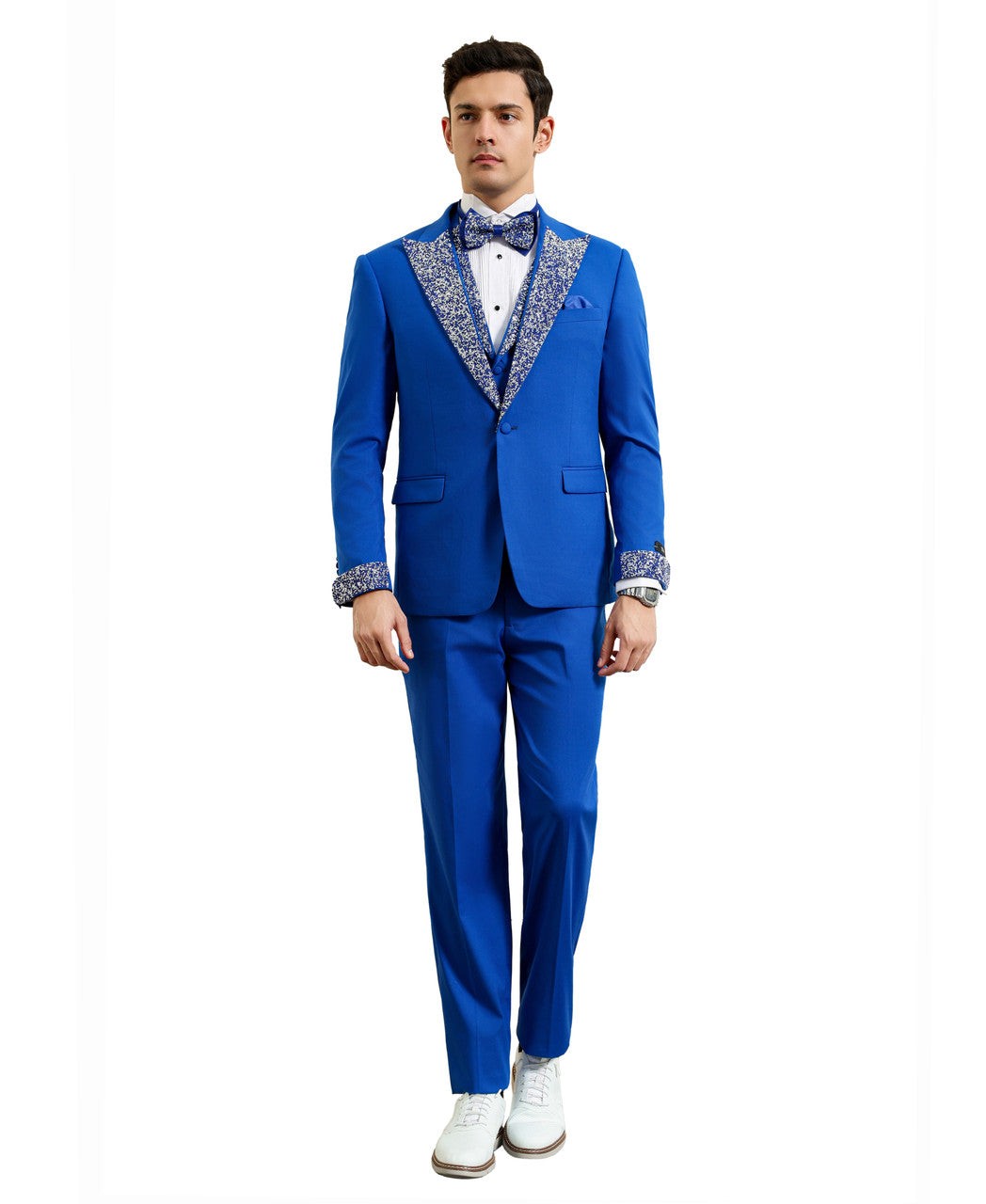 stone-studded peak lapel three-piece suit in royal blue