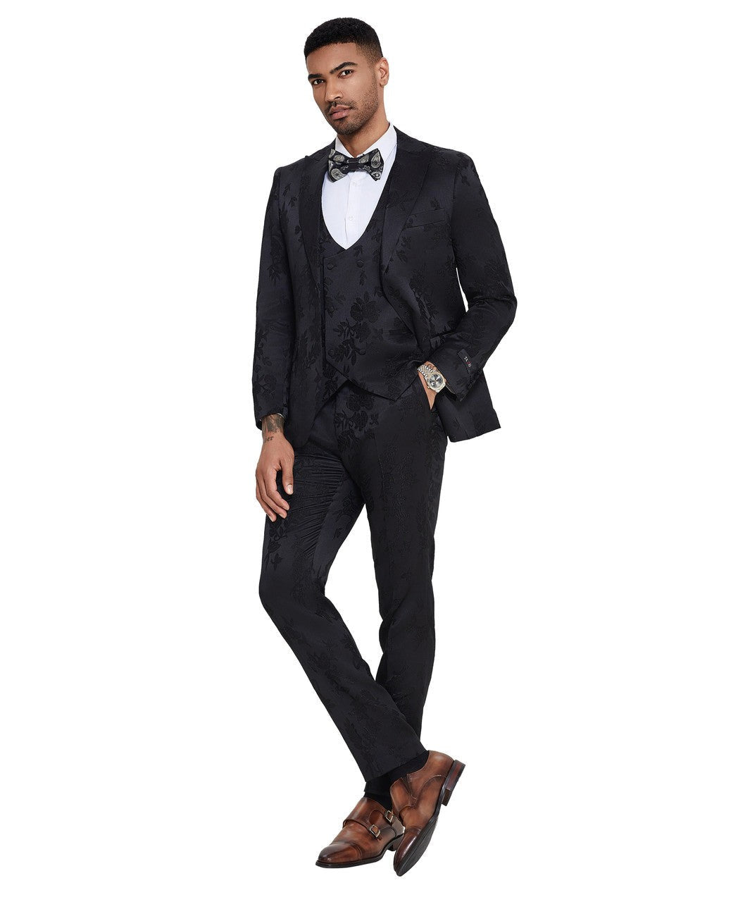 textured floral three-piece suit in black, detail