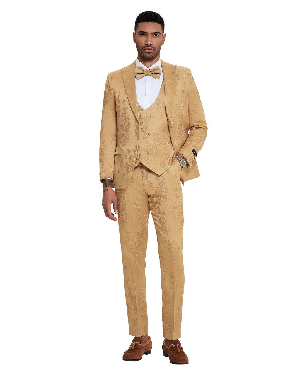 textured floral three-piece suit in tan