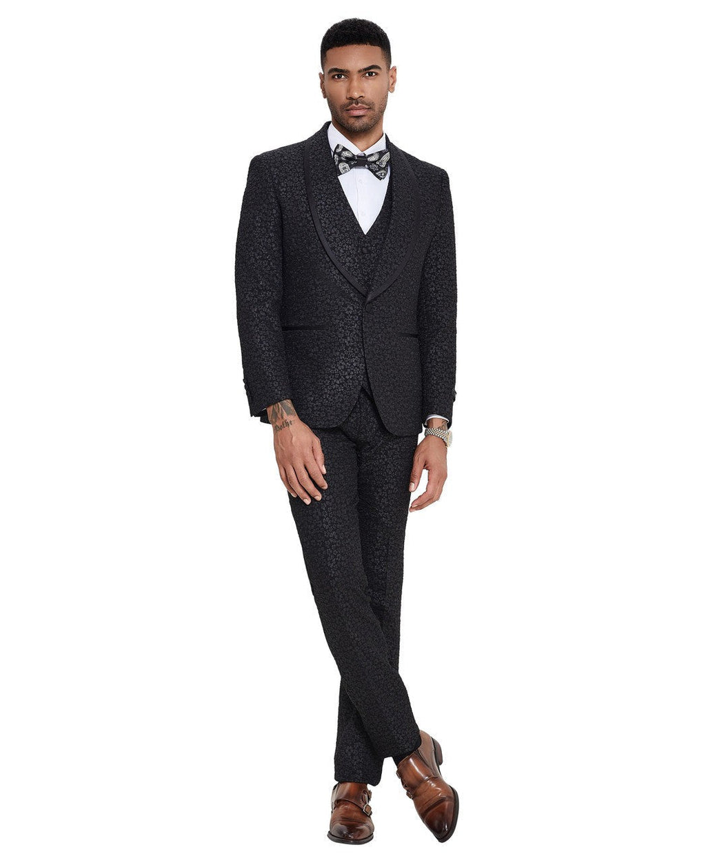 textured paisley three-piece tuxedo in black