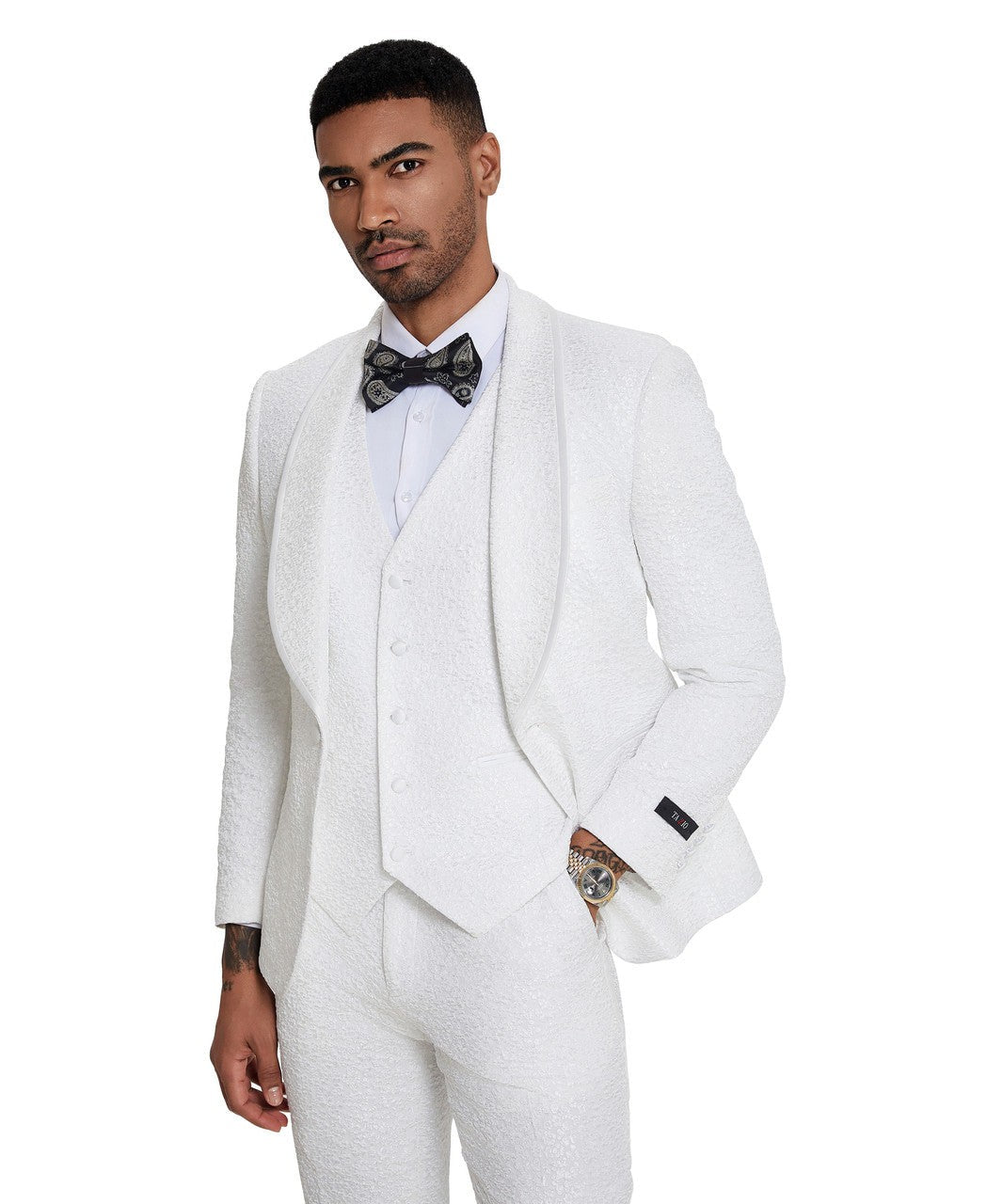 textured paisley three-piece tuxedo in ivory, detail