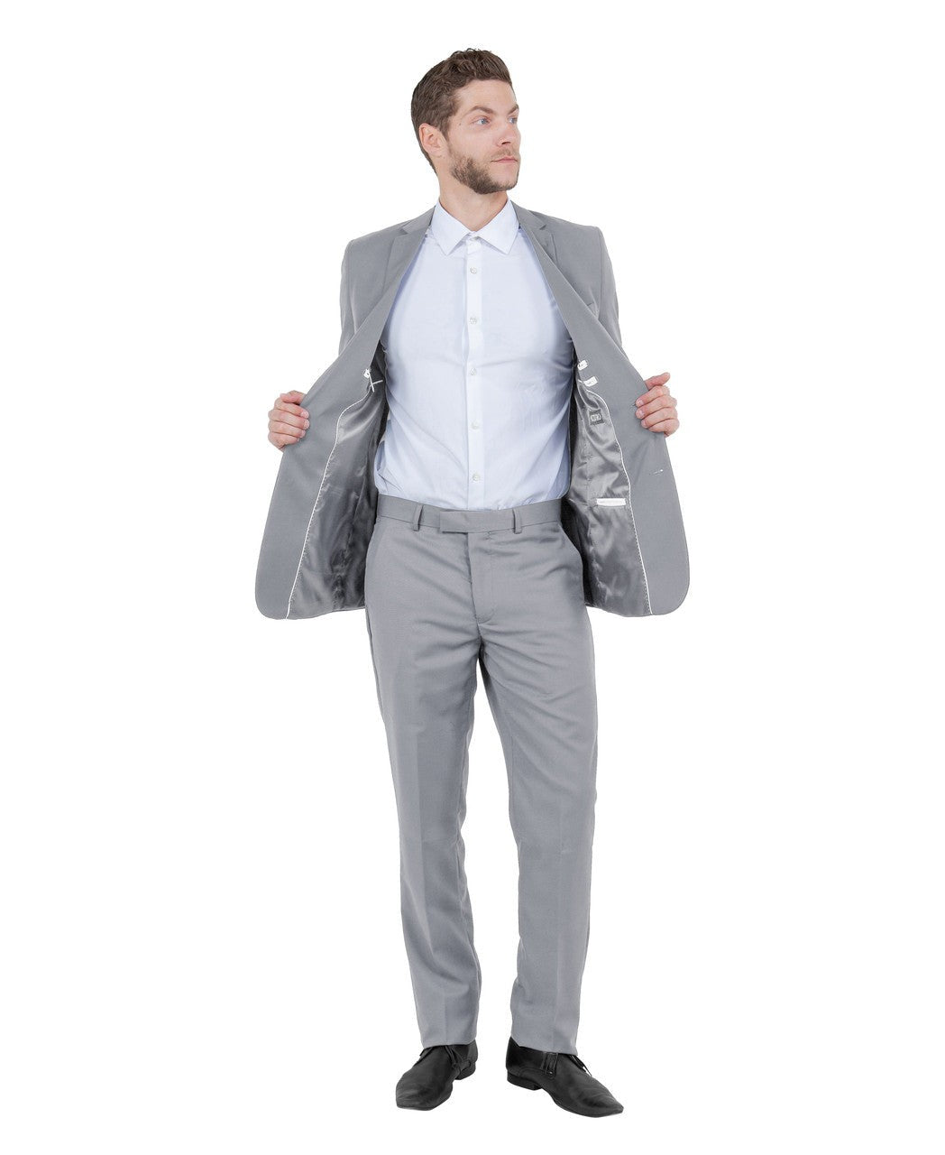 three-piece vested suit in light grey
