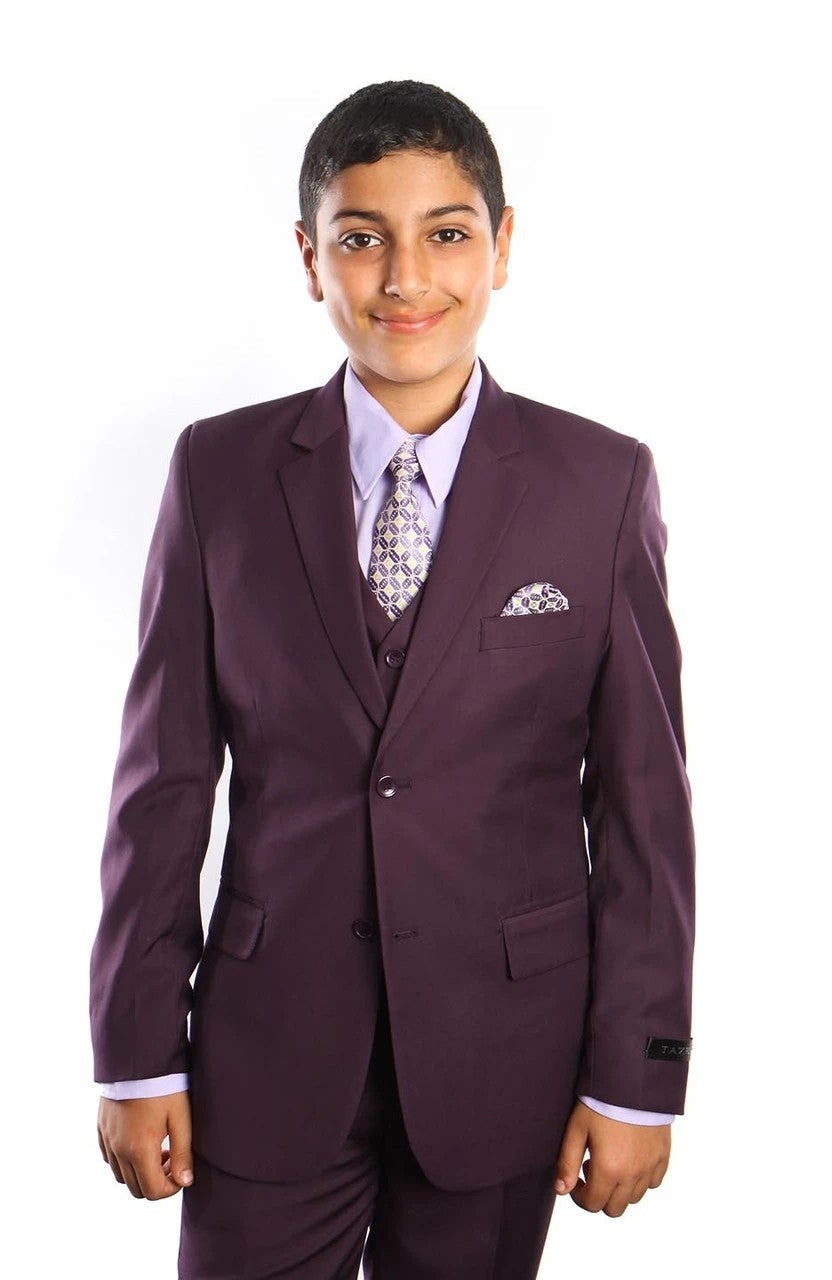 boys’ five-piece vested suit in plum