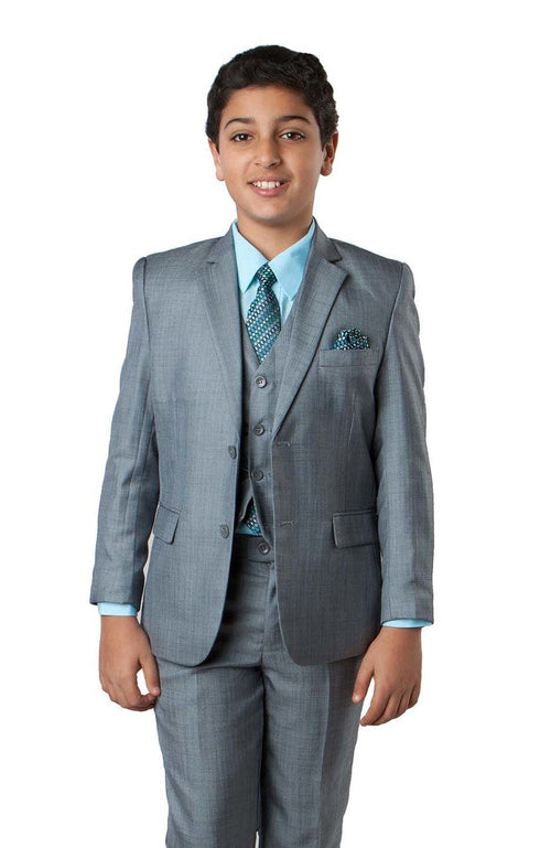 boys’ sharkskin suit set in grey blue