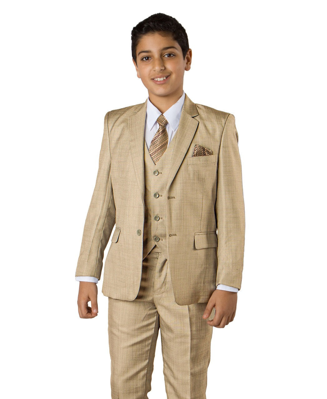 boys’ sharkskin suit set in tan