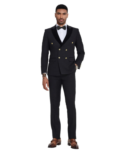 double-breasted velvet lapel suit in black