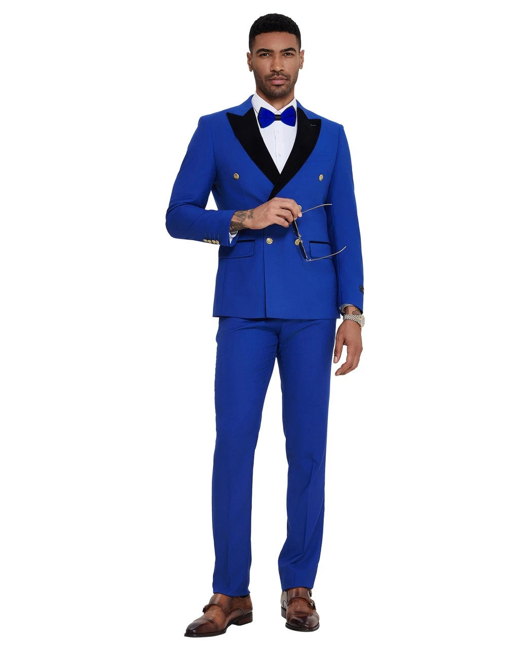 double-breasted velvet lapel suit in royal blue